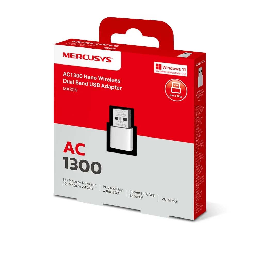 Placa De Red Adaptador Ma30n Nano P.redw Usb Mercusys Ac1300 Dual Band