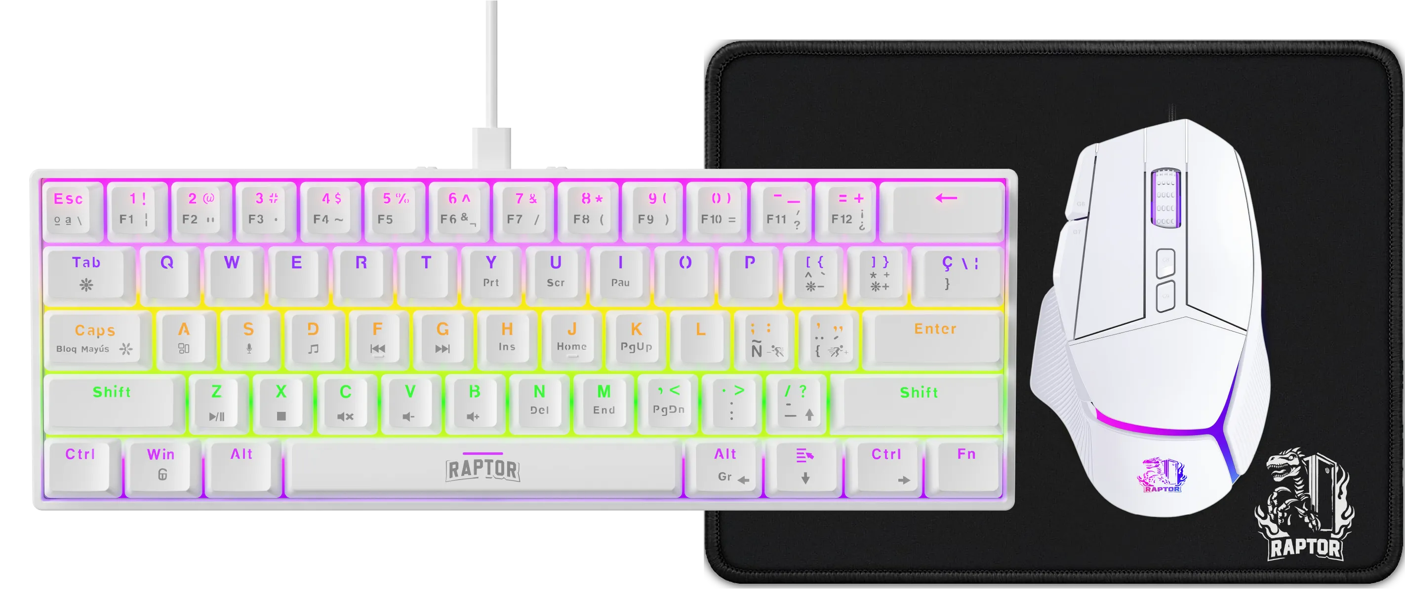 COMBO GAMER RAPTOR TECLADO MECANICO 68 TECLAS WHITE + MOUSE RGB 8000DPI WHITE + MOUSE PAD S