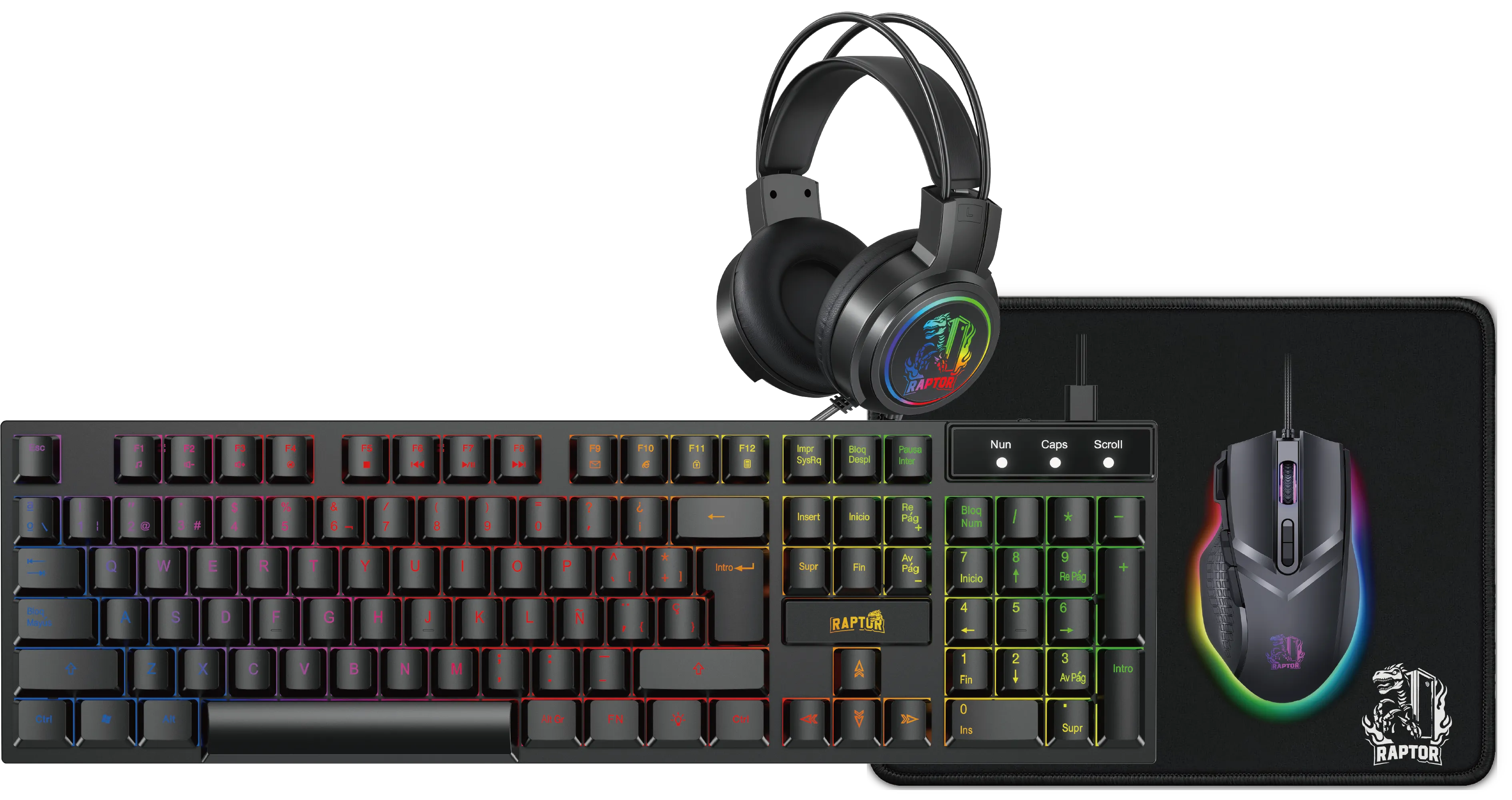 COMBO GAMER RAPTOR TECLADO MEMBRANA 104 TECLAS + MOUSE RGB 7200DPI + MOUSE PAD S + AURICULAR 3.5