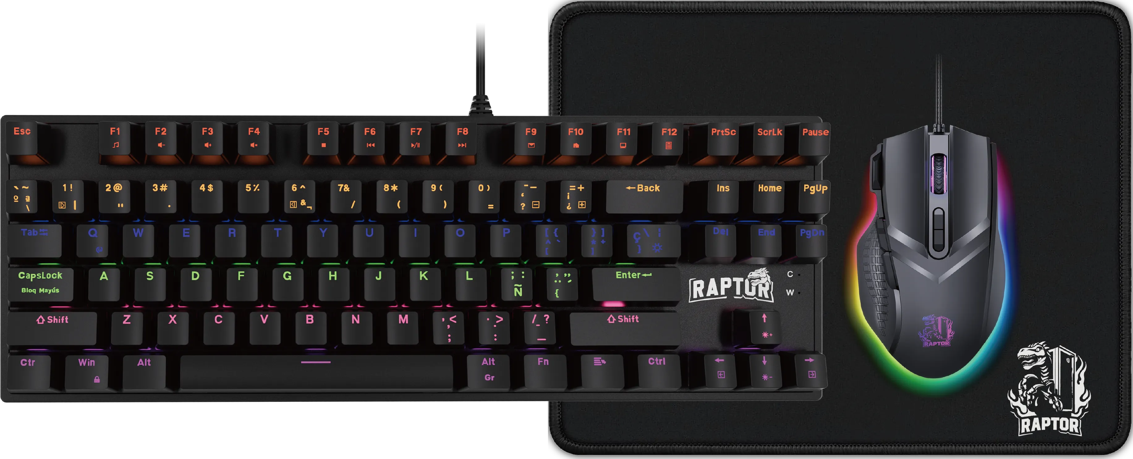 COMBO GAMER RAPTOR TECLADO MECANICO 87 TECLAS + MOUSE RGB 7200DPI + MOUSE PAD S