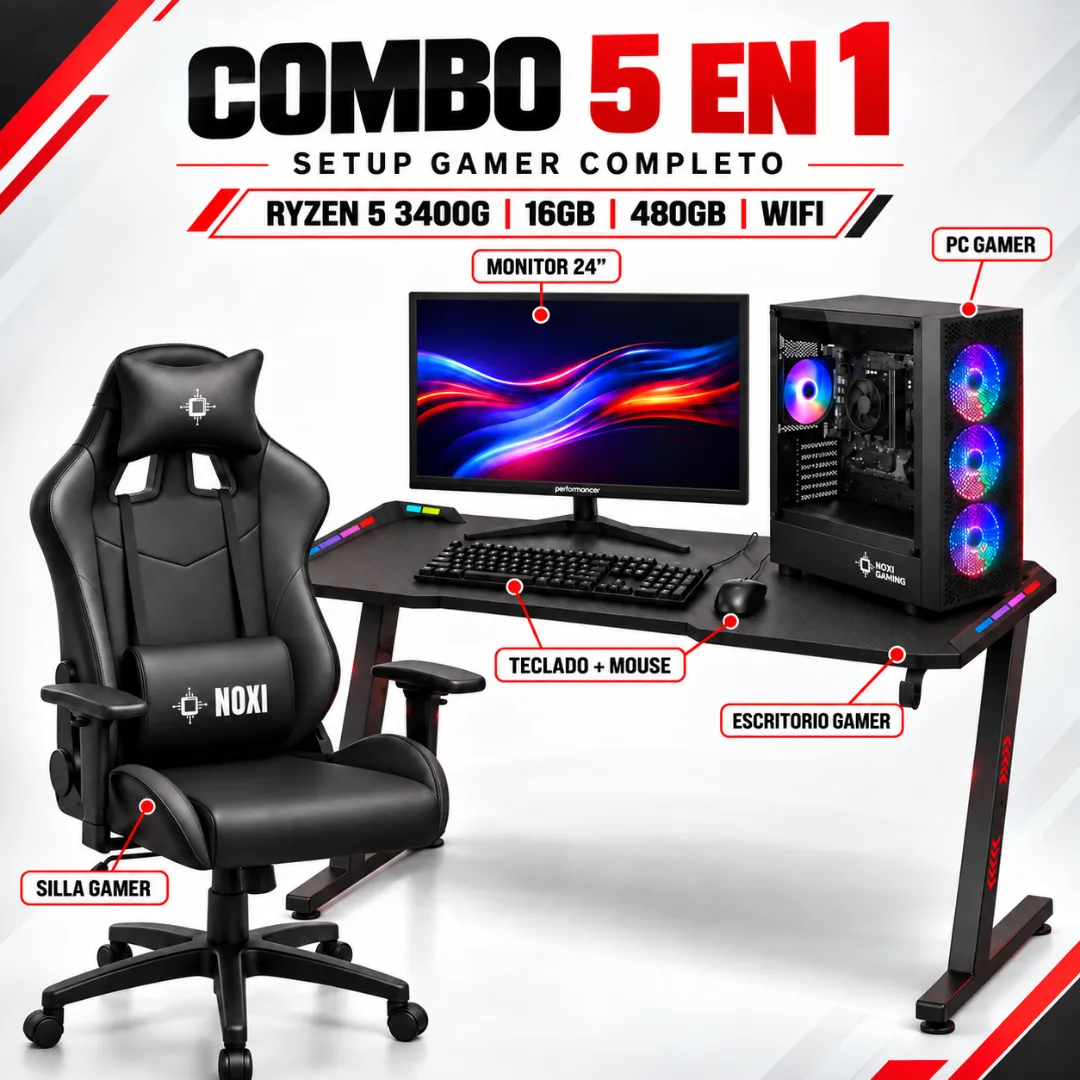 Noxi Gaming Pc Amd Ryzen 5 3400g | 16gb | 480gb | Wifi | Monitor 75hz | Silla Gamer | Escritorio Gamer